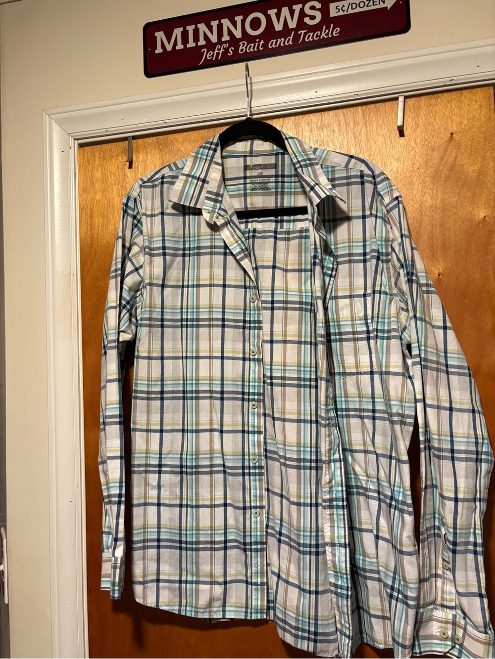 Van Heusen Plaid Button-Up Shirt in White, Blue & Tan